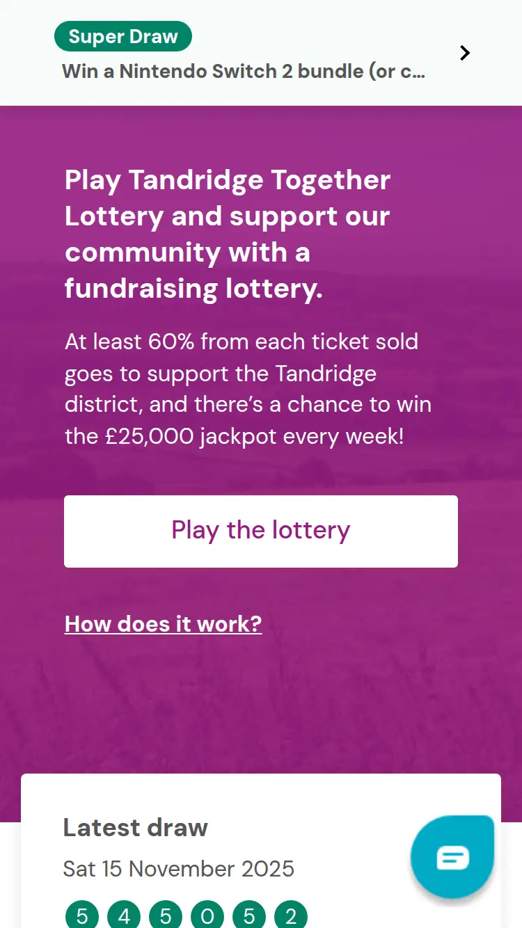 Tandridge Lottery - homepage (mobile)