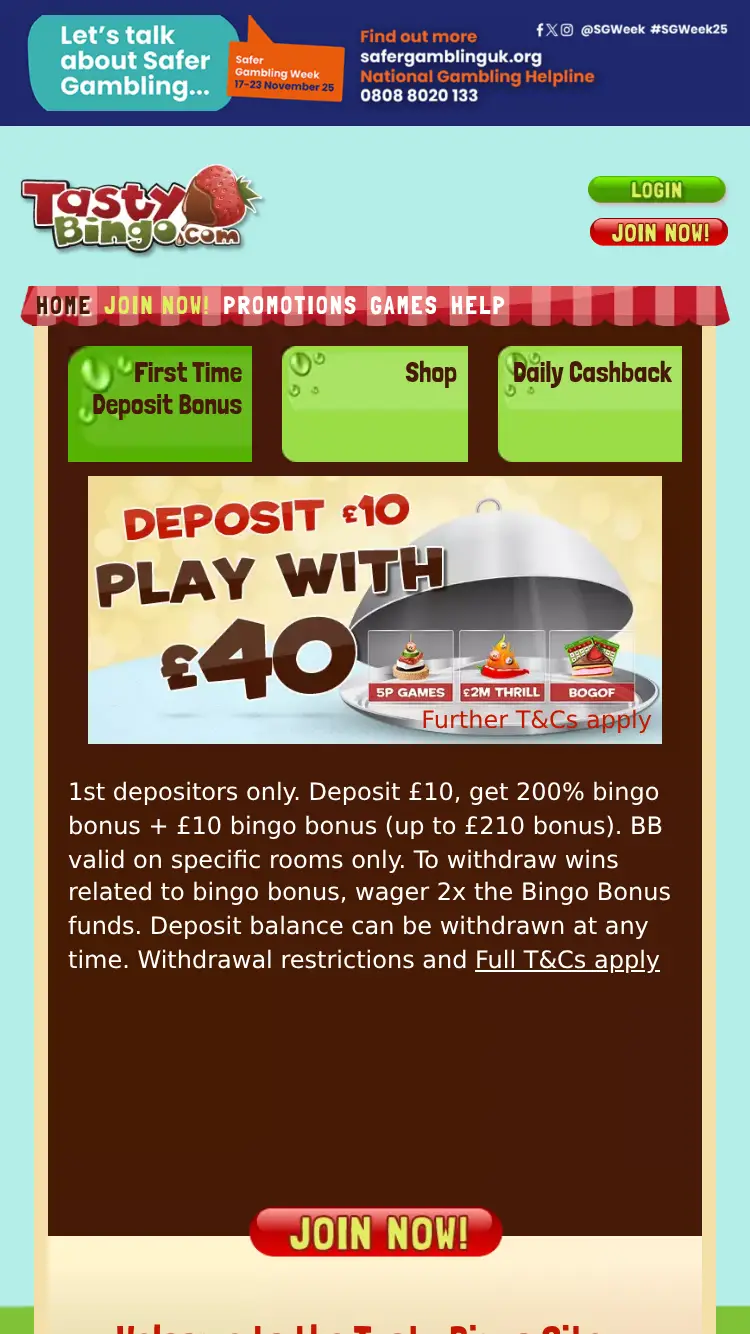 Tasty Bingo - homepage (mobile)