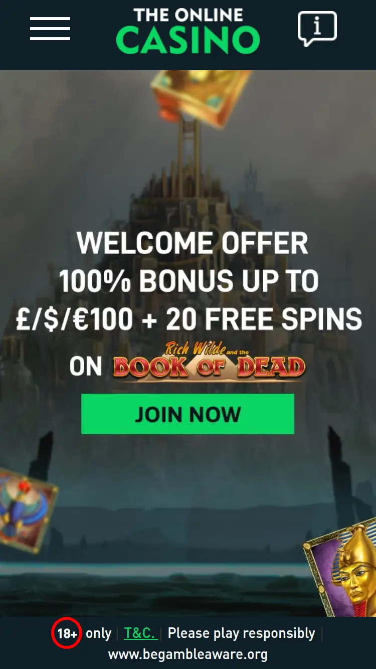 The Online Casino - homepage (mobile)