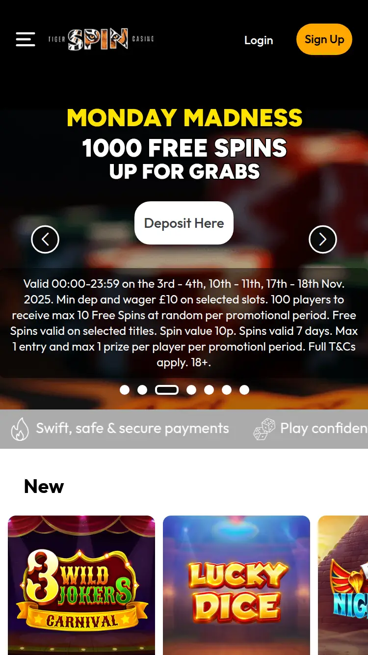 Tiger Spin - homepage (mobile)