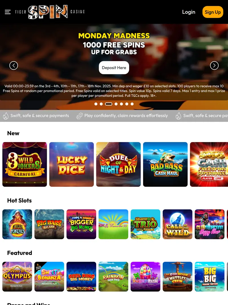 Tiger Spin - homepage (tablet)