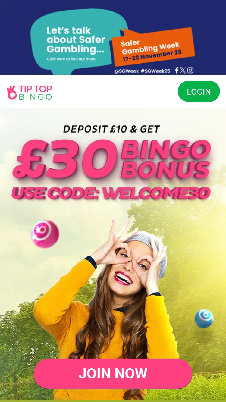 Tip Top Bingo - homepage (mobile)