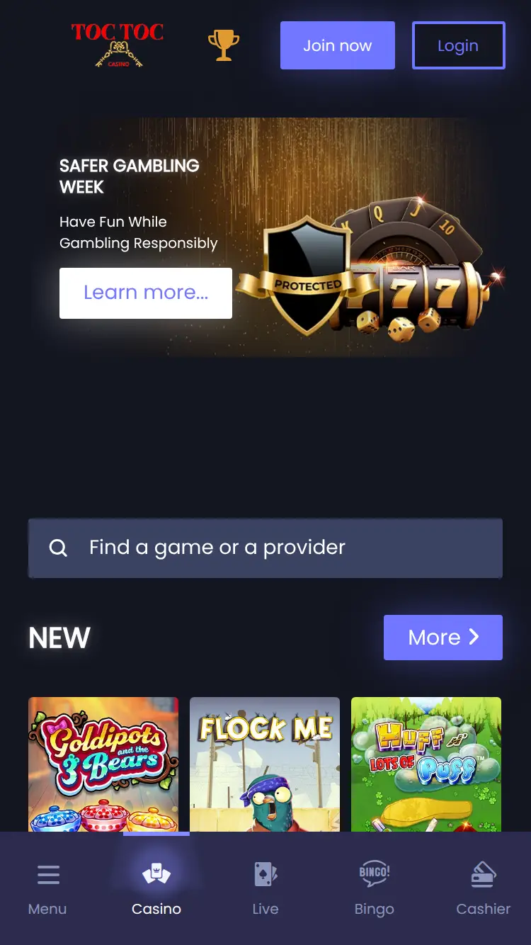 Toc Toc Casino - homepage (mobile)