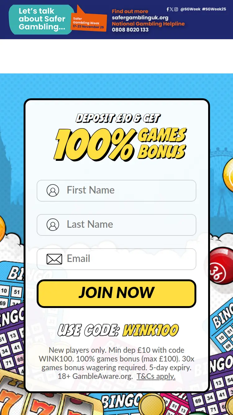 Wink Bingo - homepage (mobile)