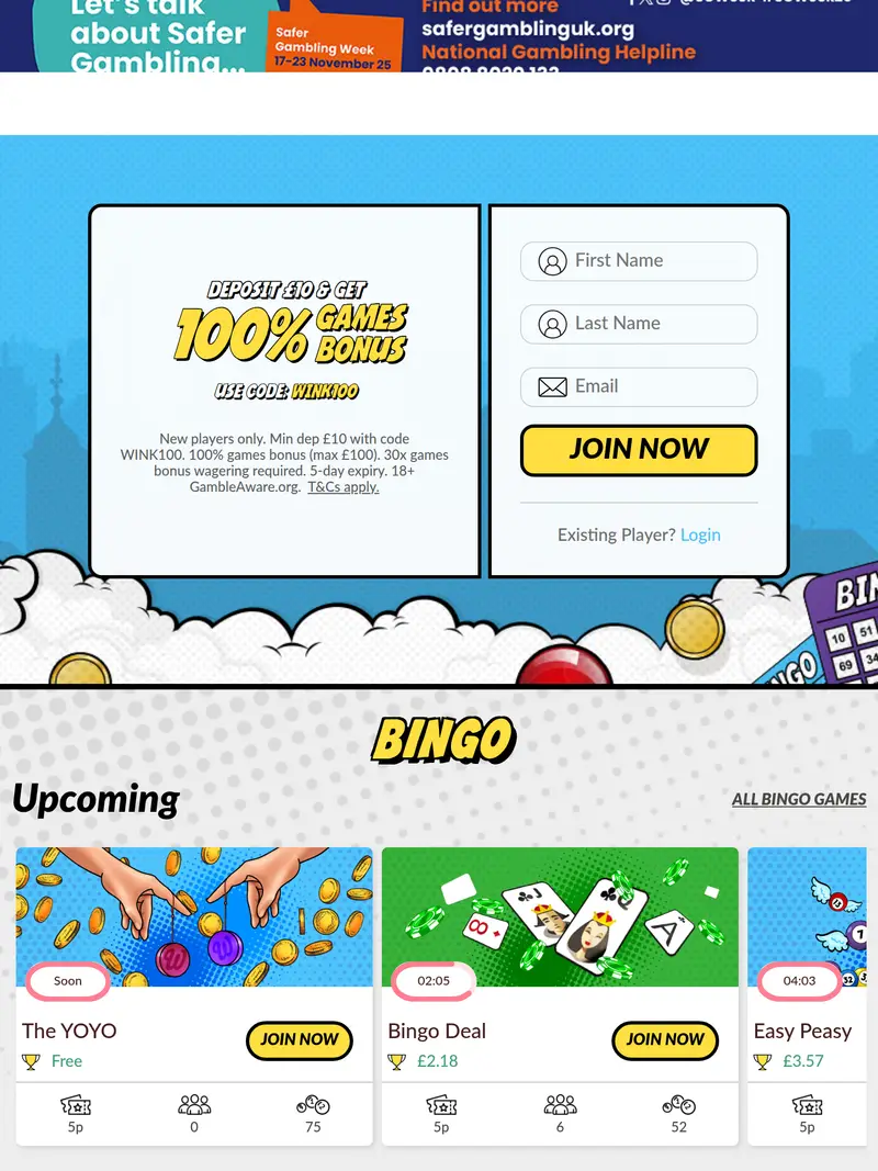 Wink Bingo - homepage (tablet)