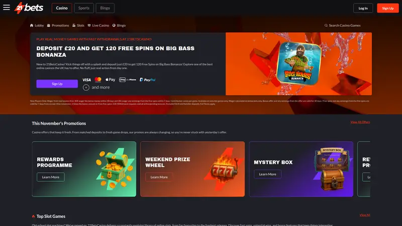21 Bets Casino - homepage (desktop)