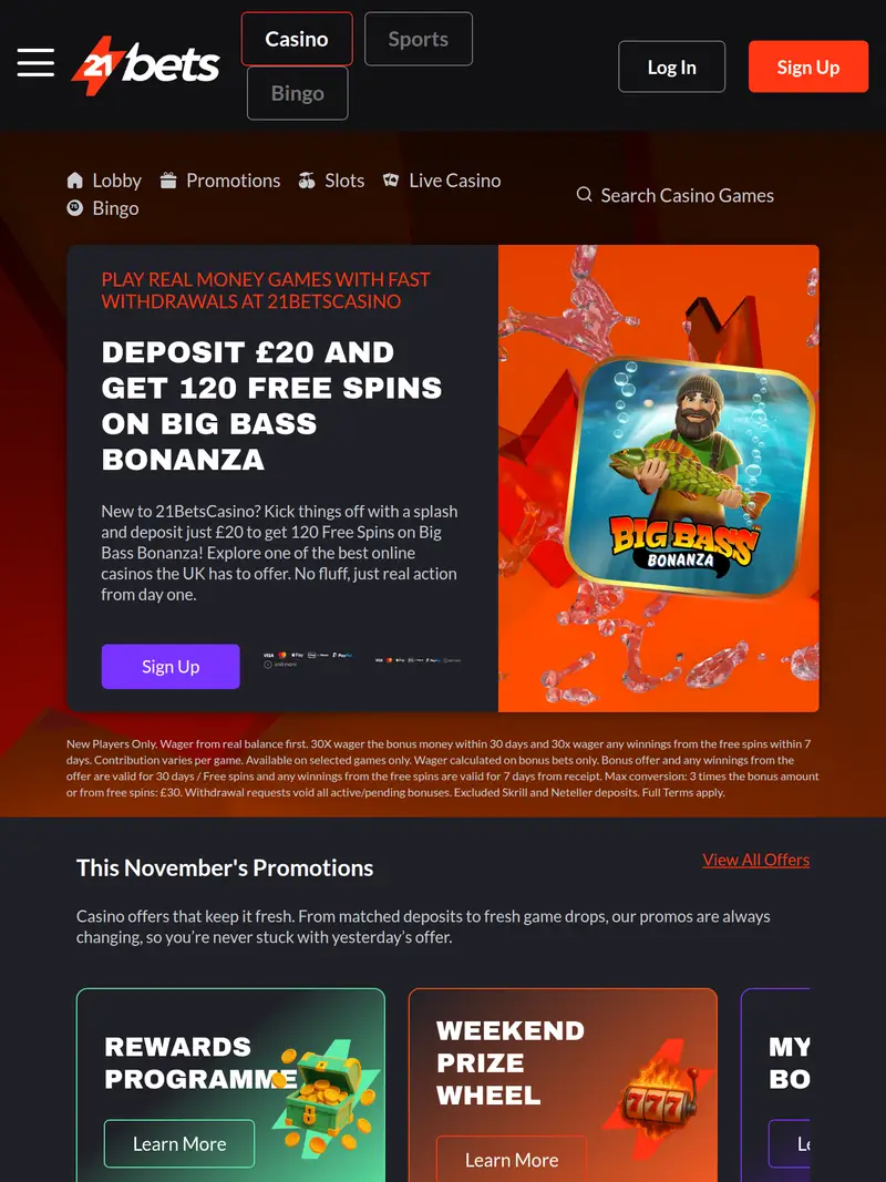21 Bets Casino - homepage (tablet)