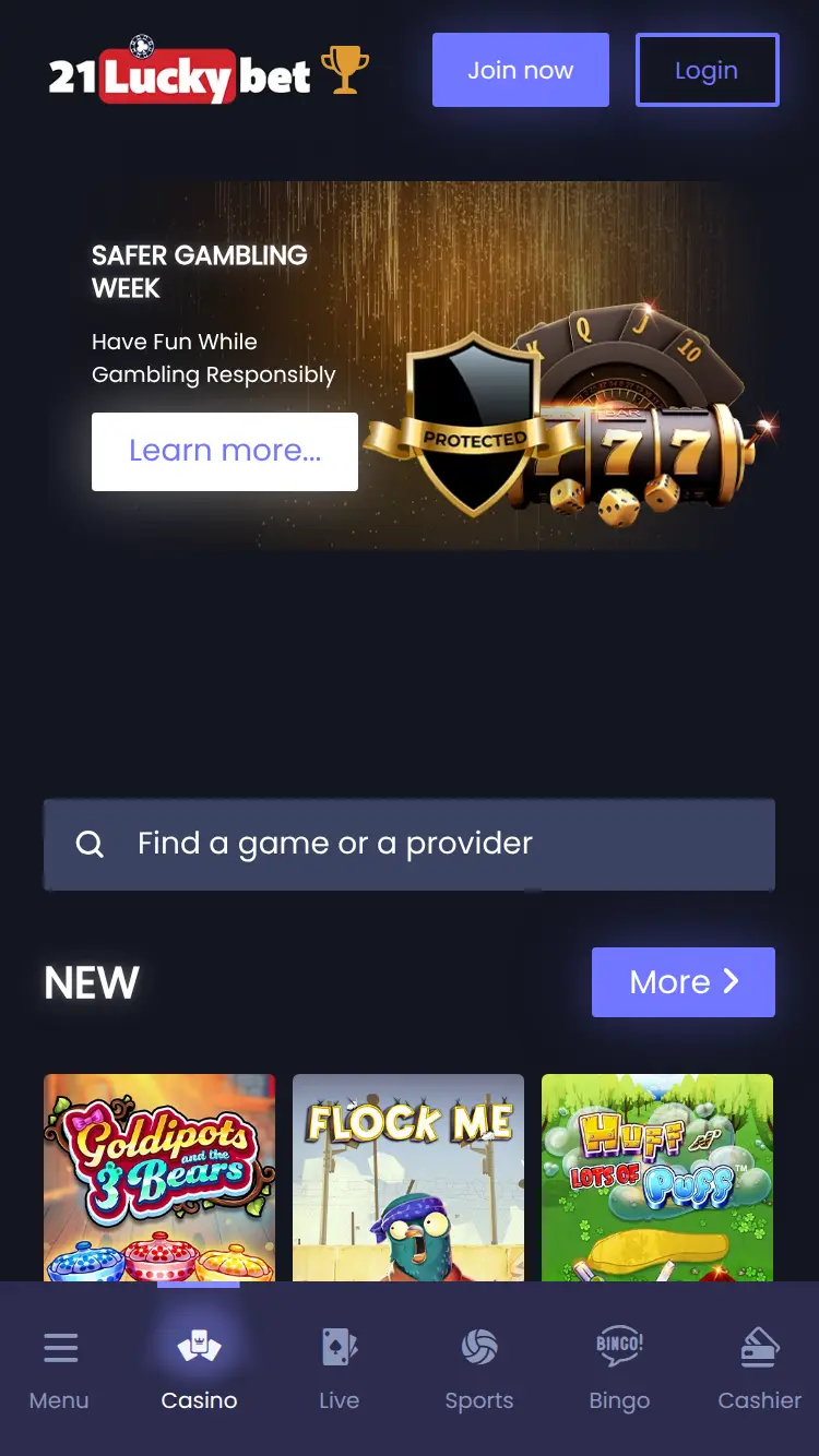 21 Lucky Bet - homepage (mobile)