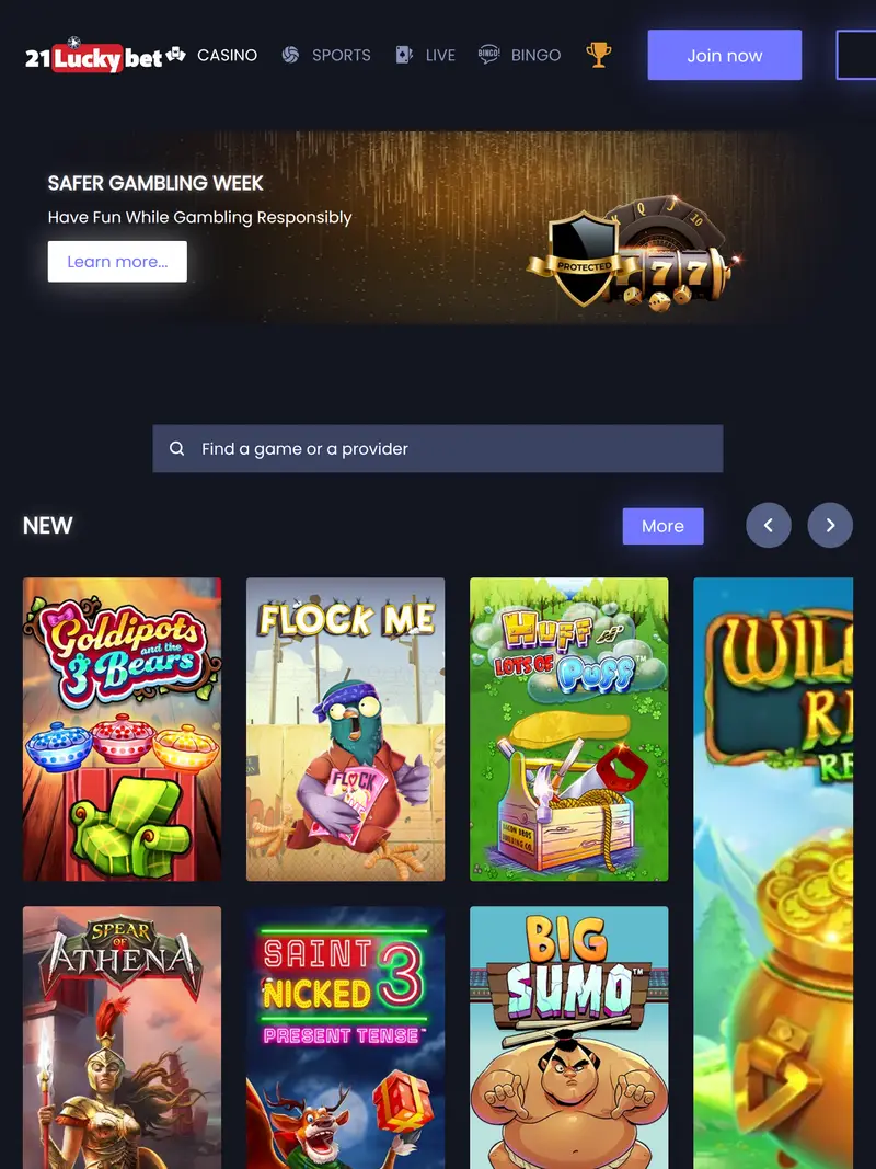 21 Lucky Bet - homepage (tablet)