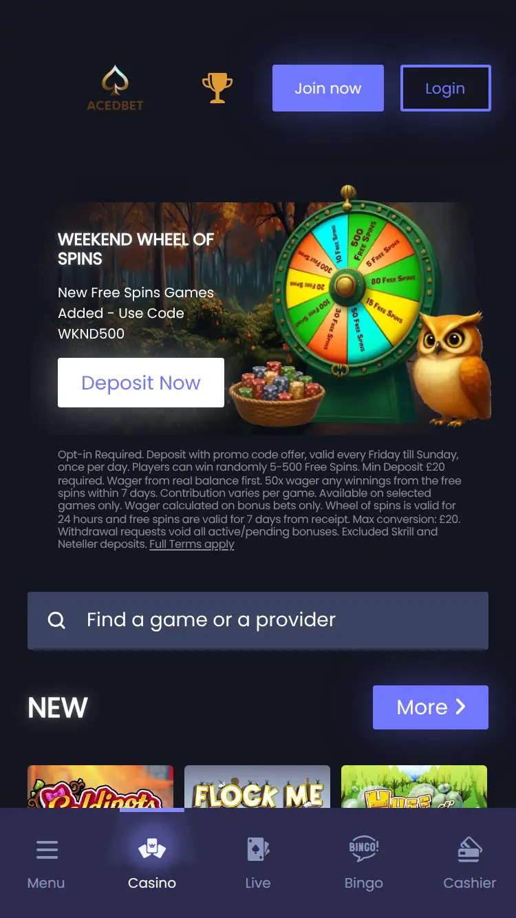 Aced Bet - homepage (mobile)