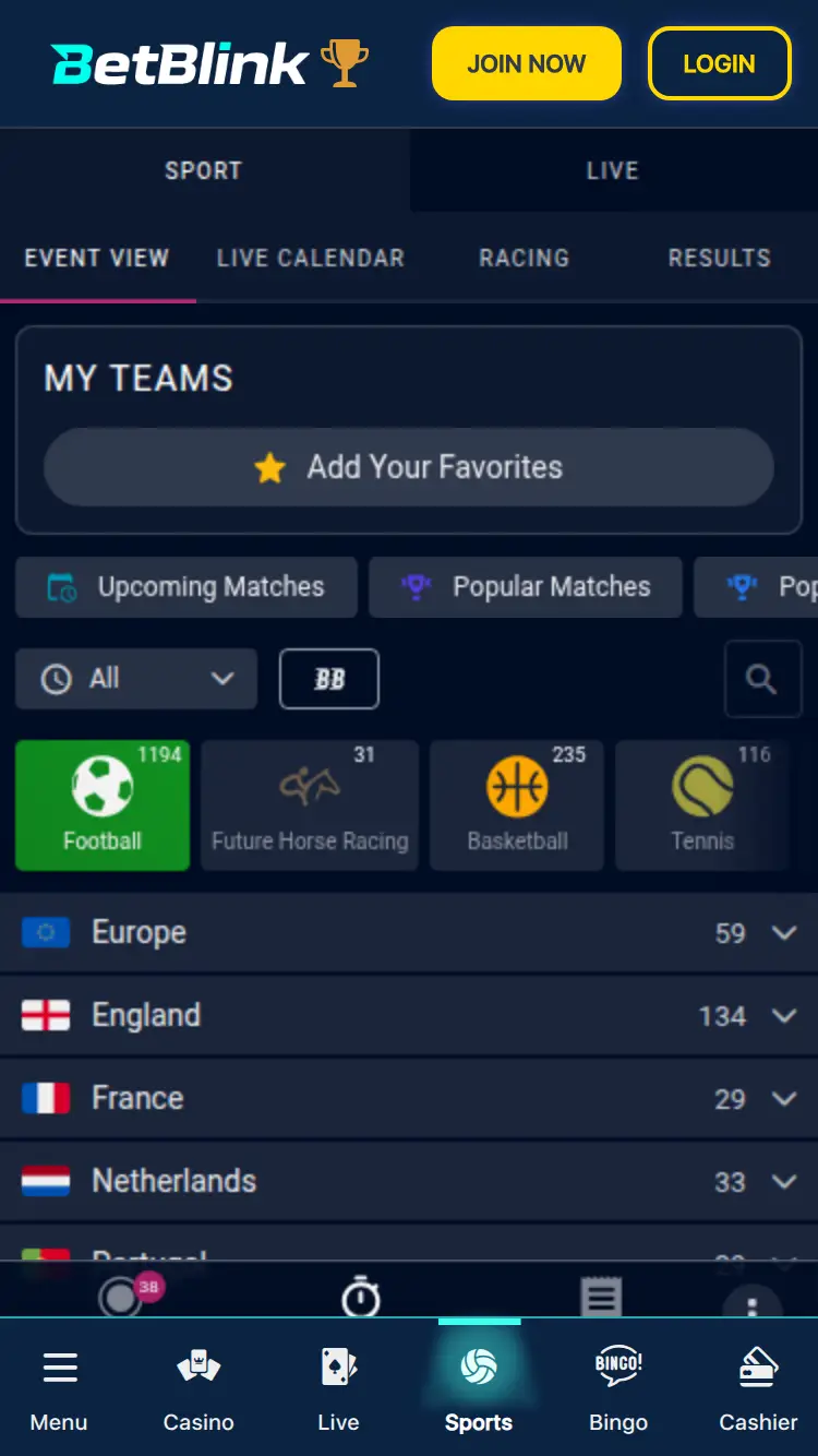 Betblink - homepage (mobile)