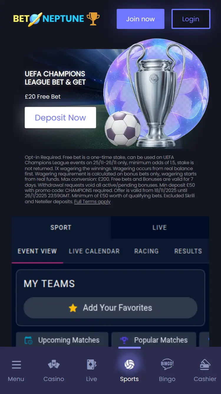 Betneptune - homepage (mobile)