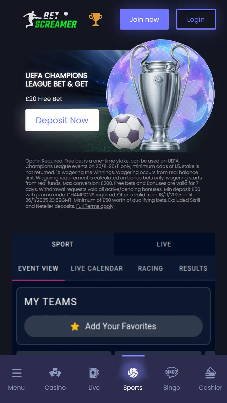 Betscreamer - homepage (mobile)