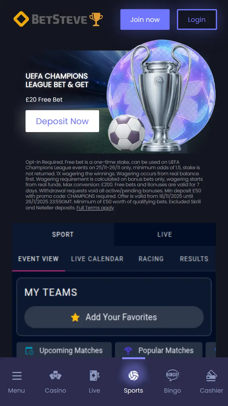 Betsteve - homepage (mobile)