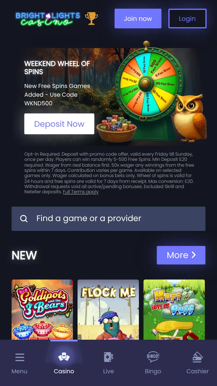 Brightlights Casino - homepage (mobile)