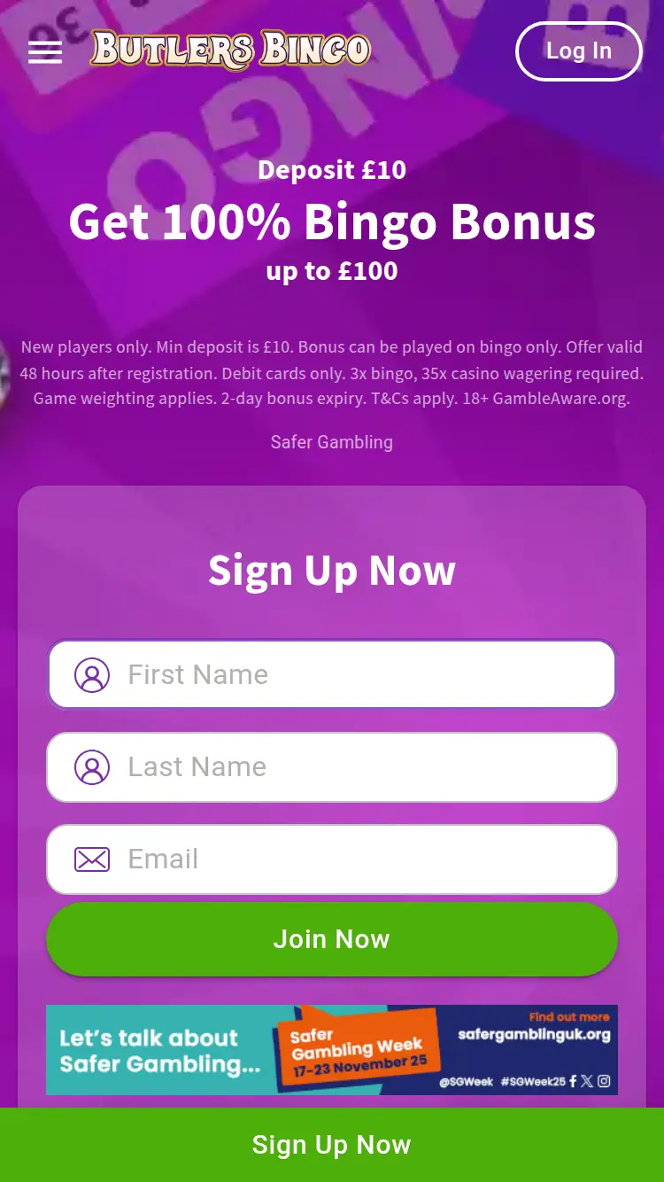 Butlers Bingo - homepage (mobile)