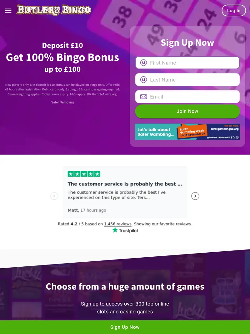 Butlers Bingo - homepage (tablet)