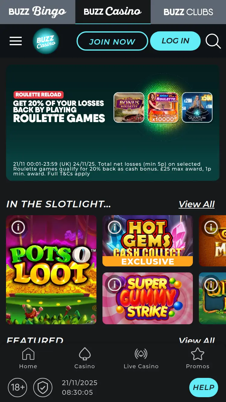 Buzz Casino - homepage (mobile)