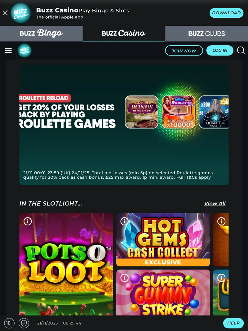 Buzz Casino - homepage (tablet)