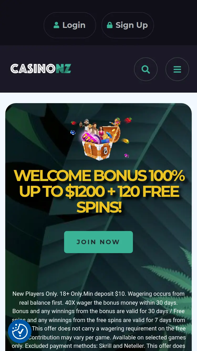 Casinonz - homepage (mobile)