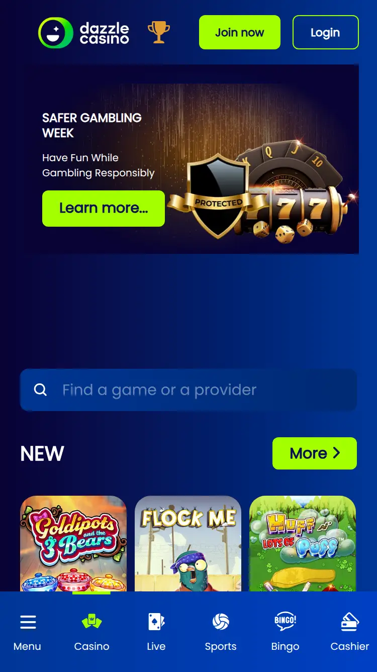 Dazzle Casino - homepage (mobile)