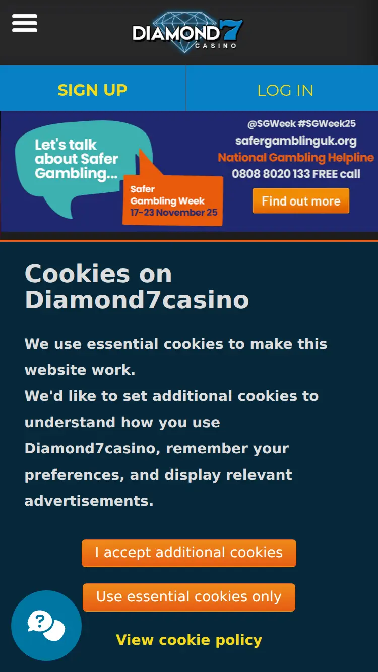 Diamond7 Casino - homepage (mobile)