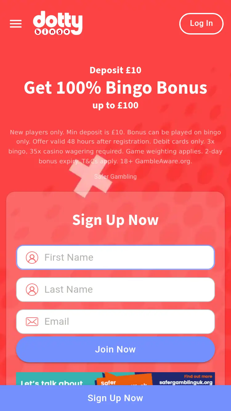 Dotty Bingo - homepage (mobile)