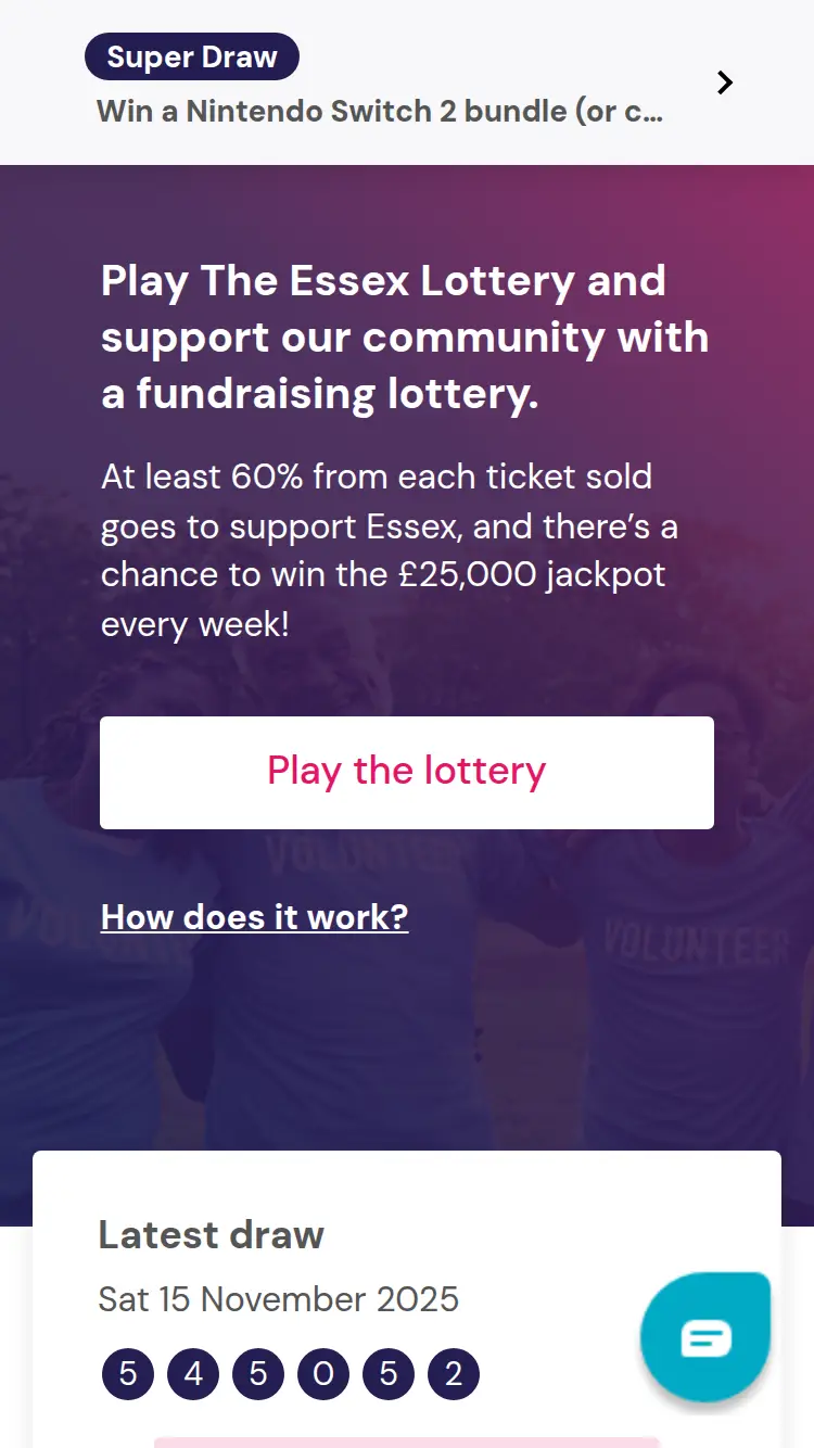 Essex Lottery - homepage (mobile)