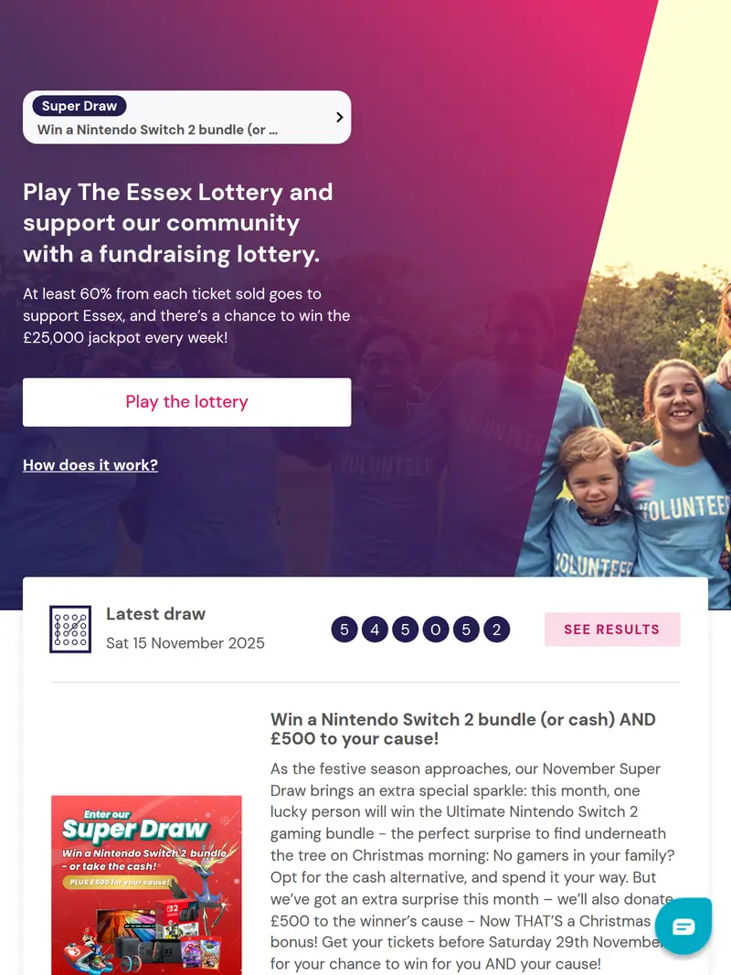 Essex Lottery - homepage (tablet)