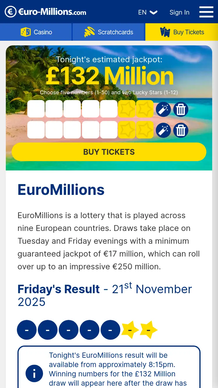Euro Millions - homepage (mobile)