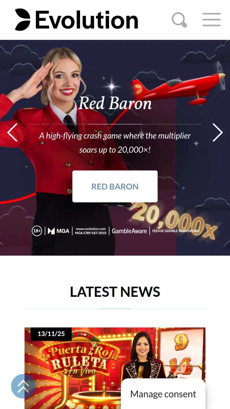 Evolution Gaming - homepage (mobile)