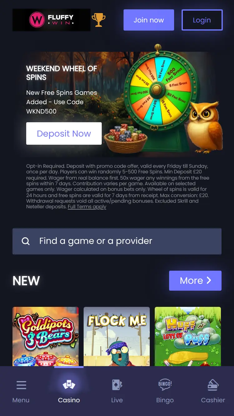 Fluffy Win Casino - homepage (mobile)