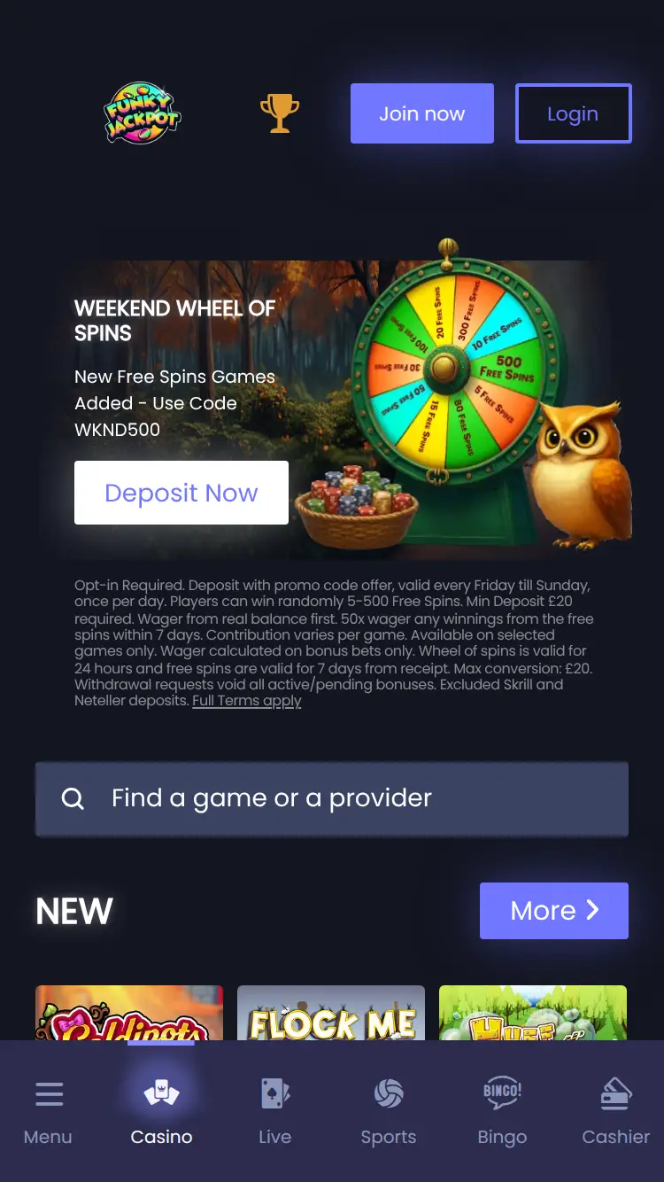 Funky Jackpot - homepage (mobile)