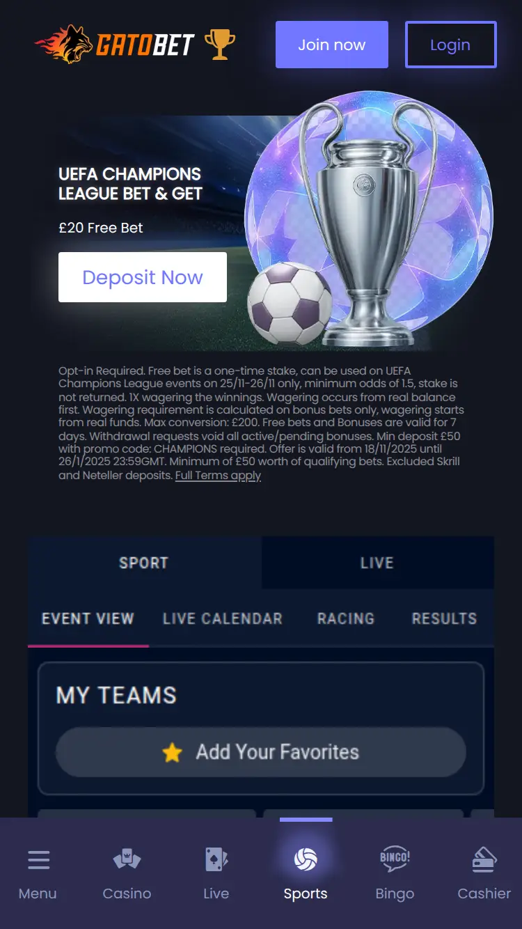 Gato Bet - homepage (mobile)