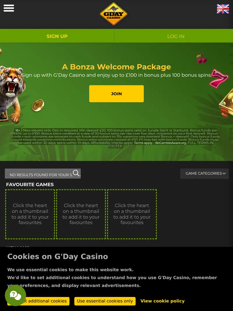 Gday Casino - homepage (tablet)