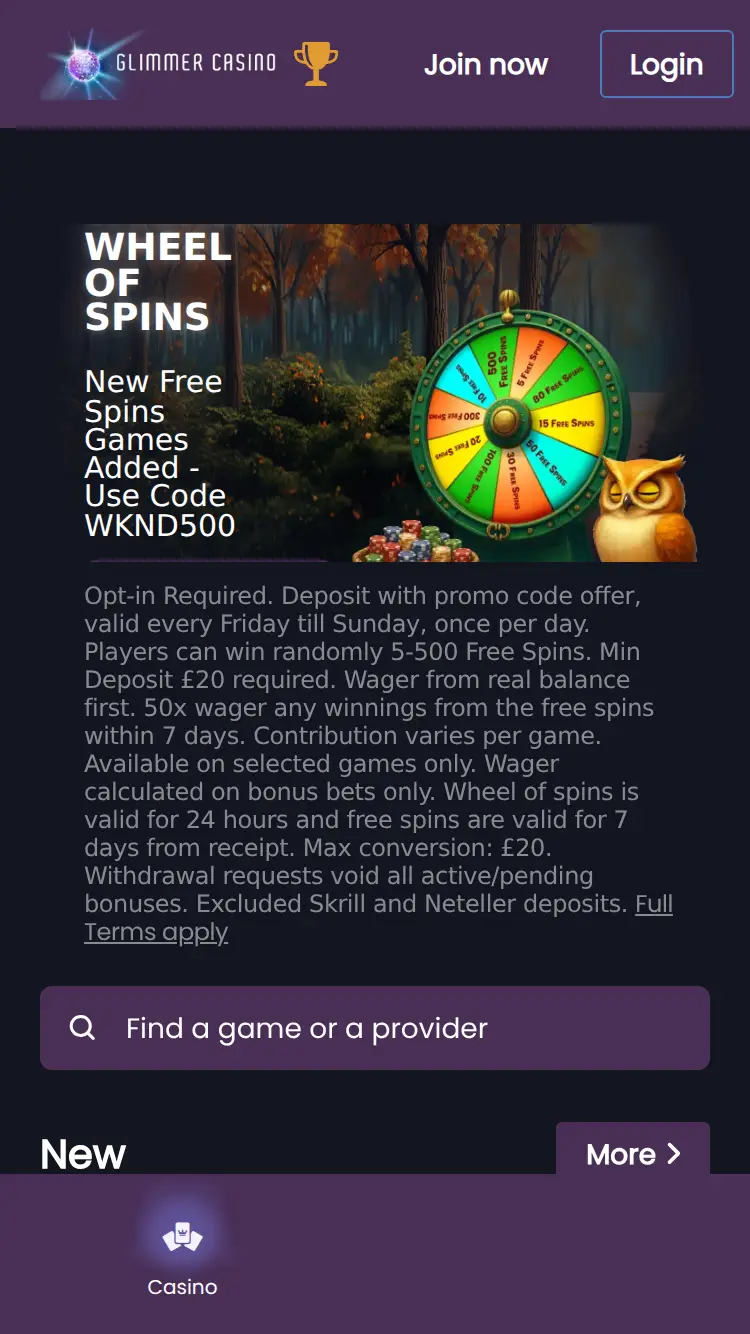 Glimmer Casino - homepage (mobile)