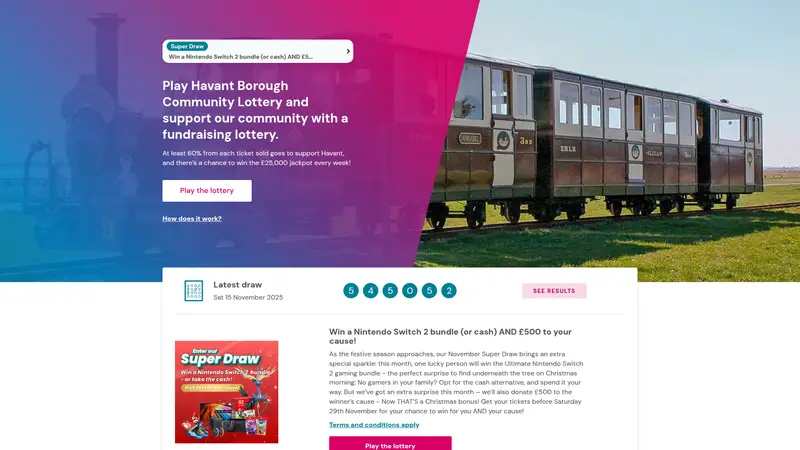 Havant Lottery - homepage (desktop)