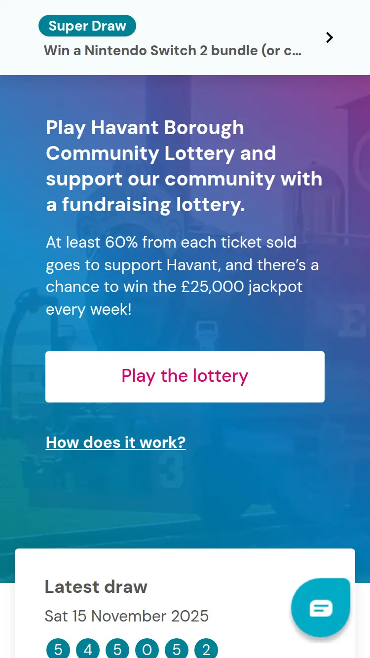 Havant Lottery - homepage (mobile)