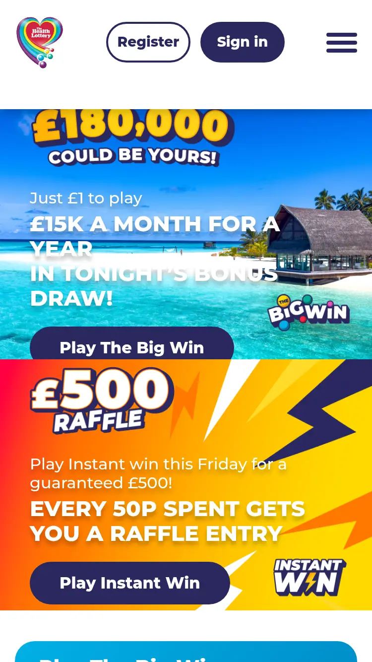 Health Lottery - homepage (mobile)