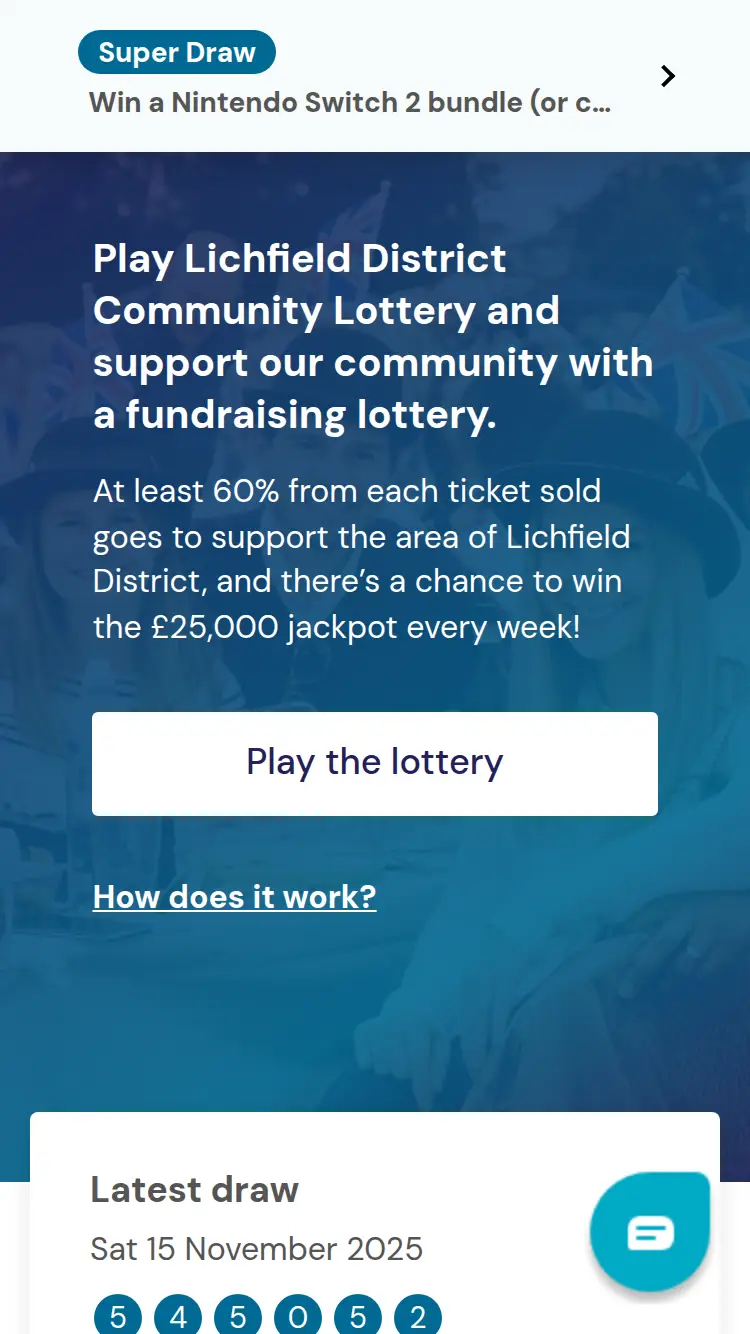 Lichfieldcommunity Lottery - homepage (mobile)