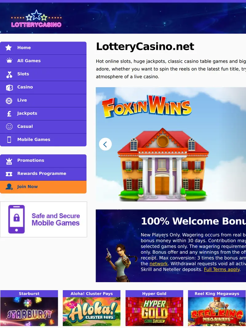 Lottery Casino - homepage (tablet)