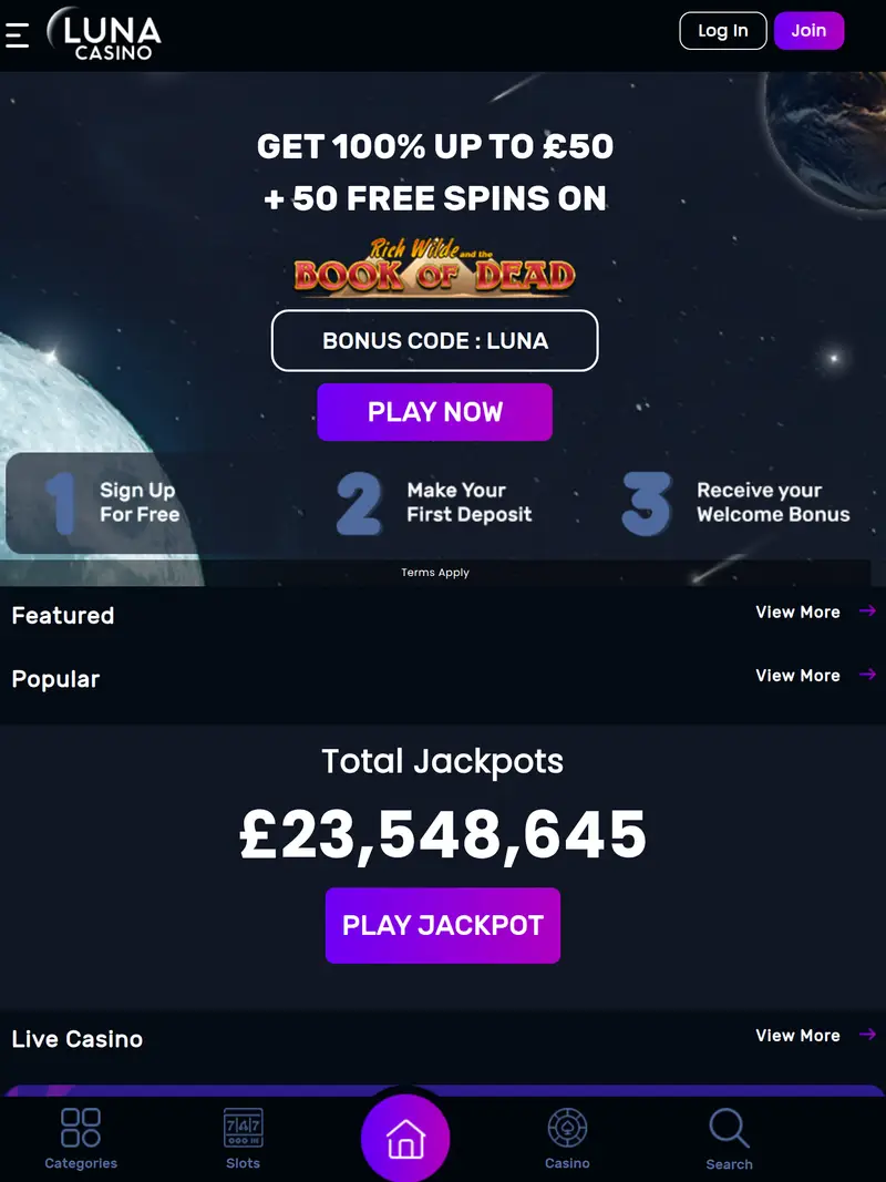 Luna Casino - homepage (tablet)