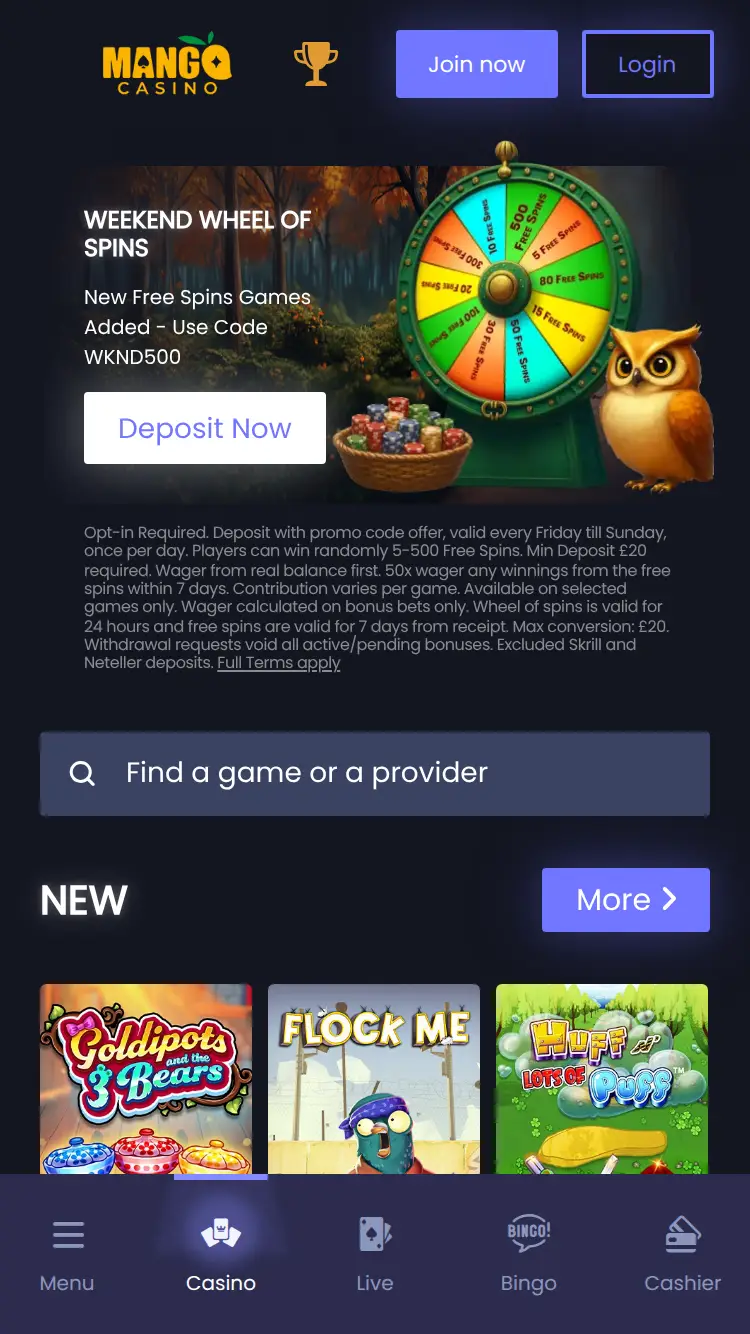 Mango Casino - homepage (mobile)