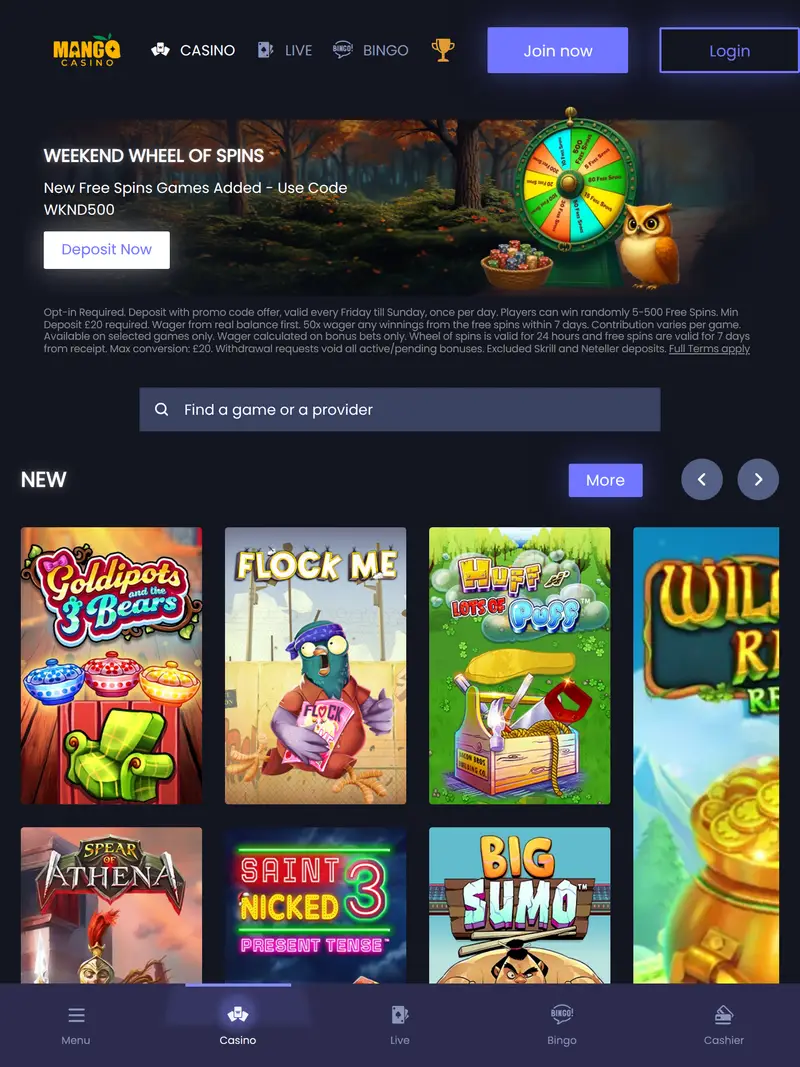 Mango Casino - homepage (tablet)
