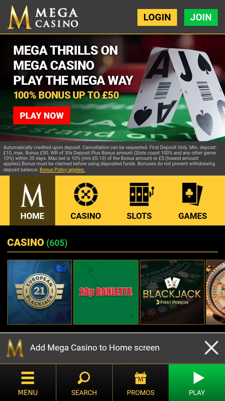 Mega Casino - homepage (mobile)