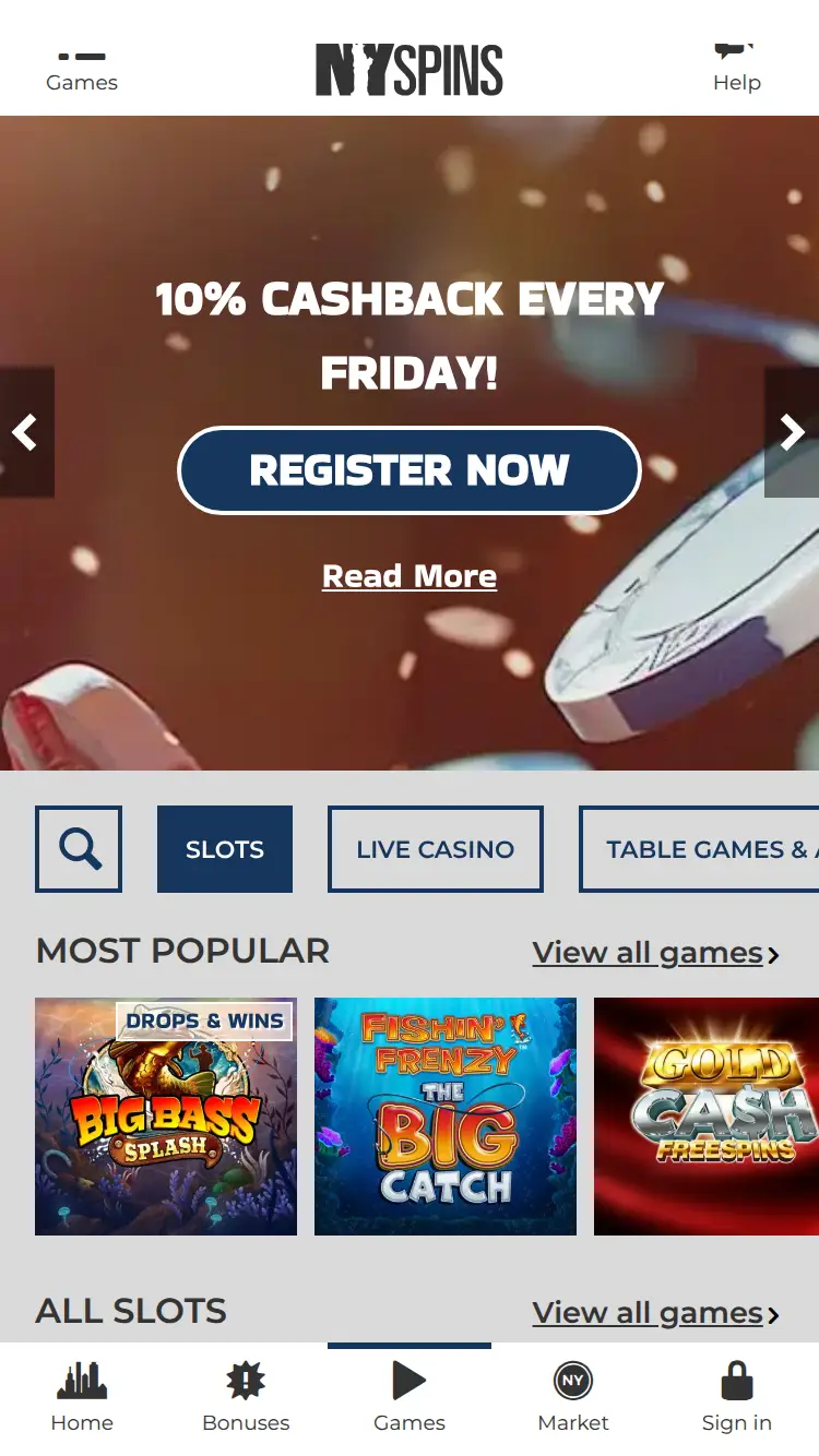 Nyspins - homepage (mobile)