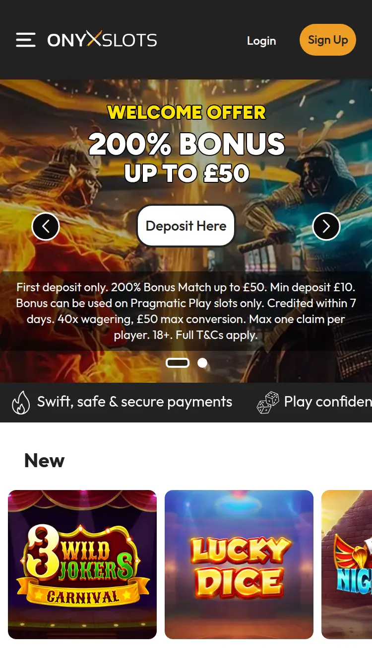 Onyx Slots - homepage (mobile)