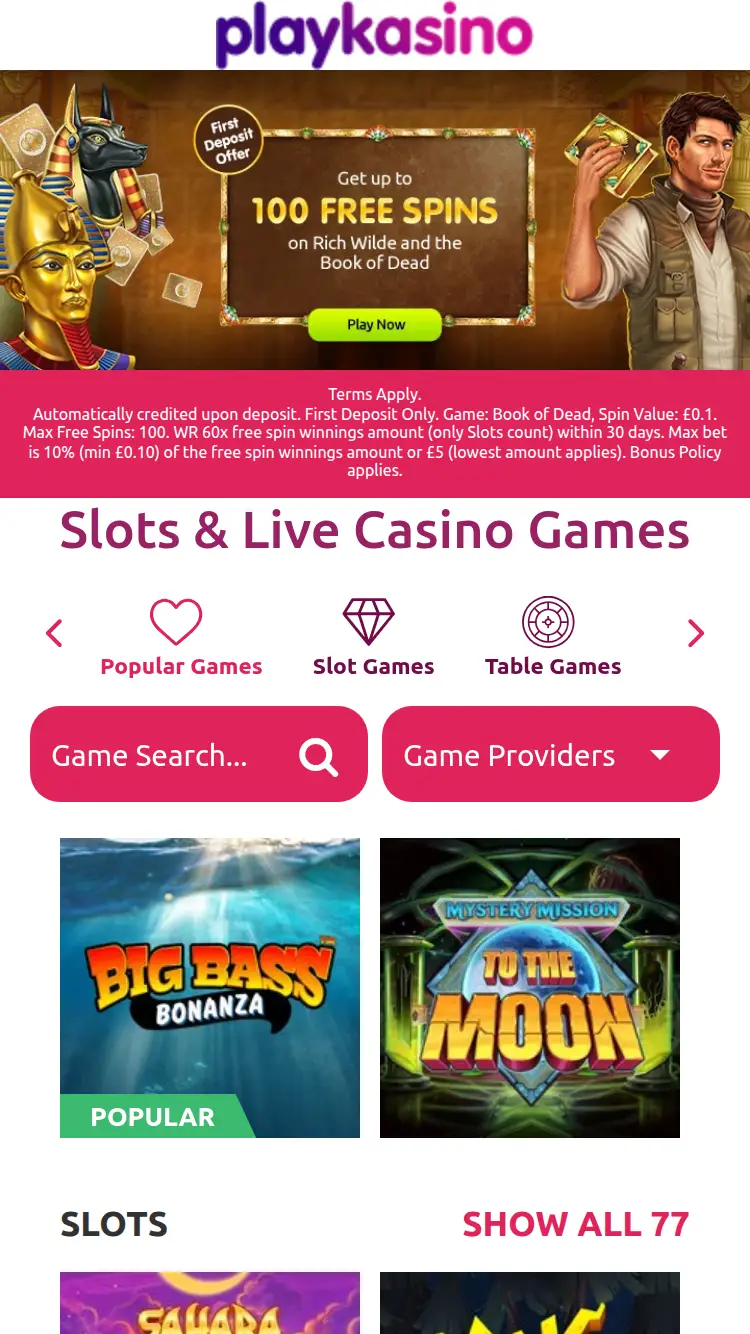 Playkasino - homepage (mobile)