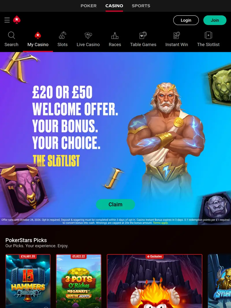 Pokerstars Casino - homepage (tablet)