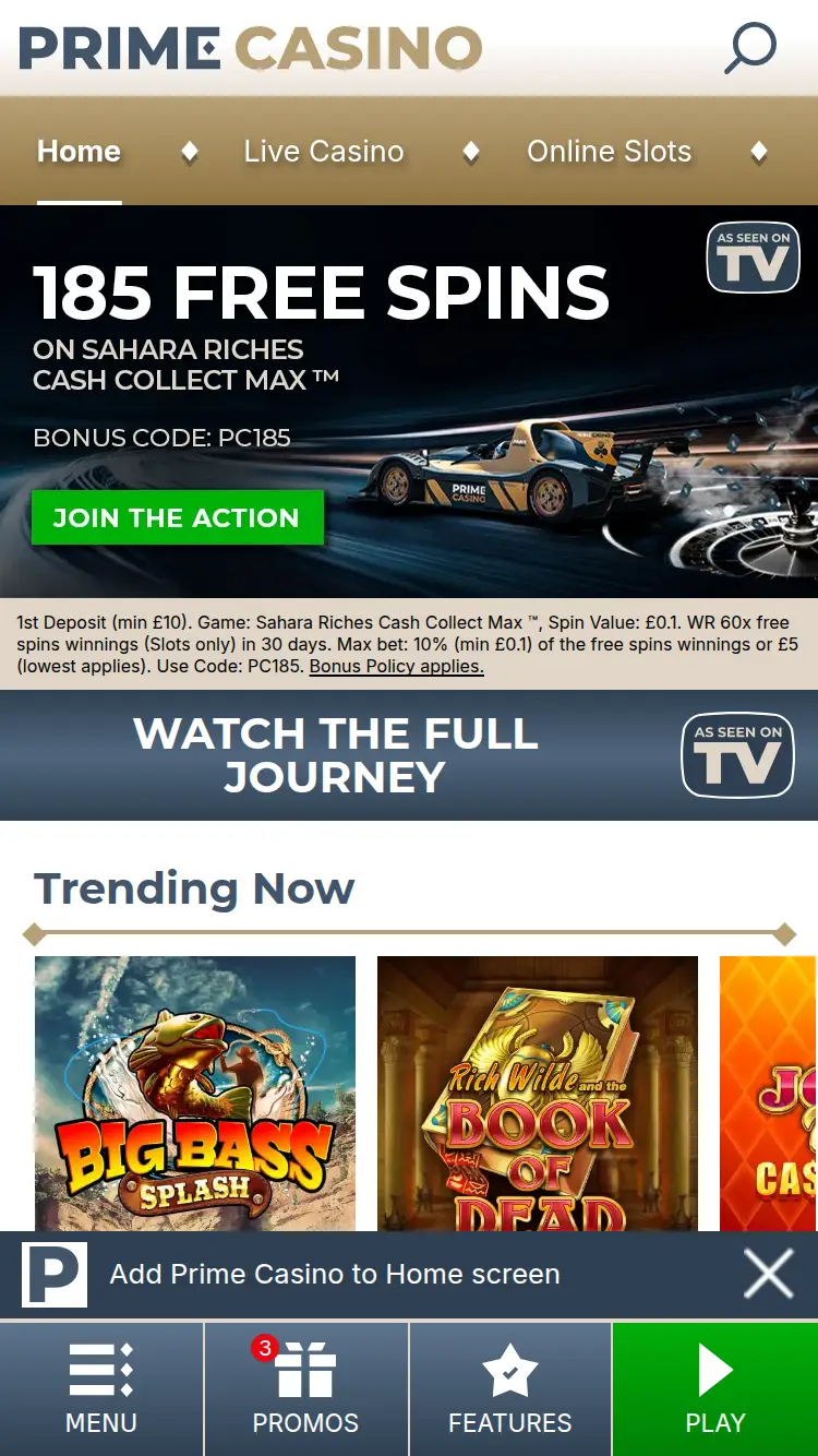 Prime Casino - homepage (mobile)